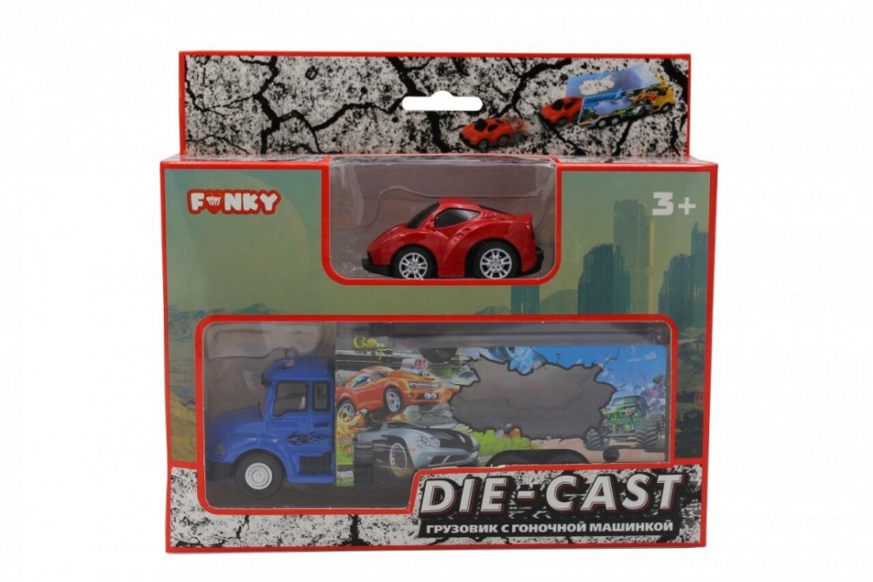 Набор FUNKY TOYS FT61054 грузовик + машинка die-cast красная, спусковой механизм 1:60